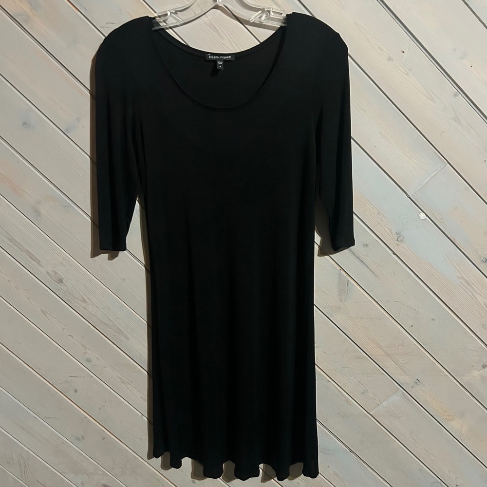 Eileen Fisher Black Silk Scoop Neck‎ 3/4 Sleeve Sheath Dress Minimalist
